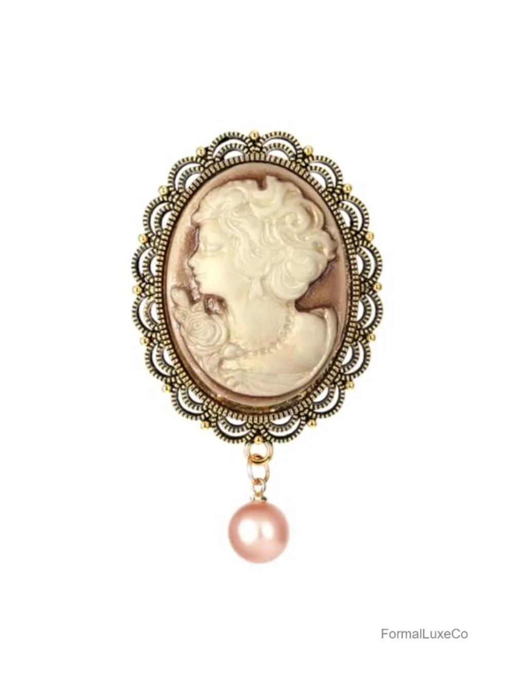 Victorian Brooch Pin Vintage Embossed Lady Portrait Pendant with Dangling Pearl